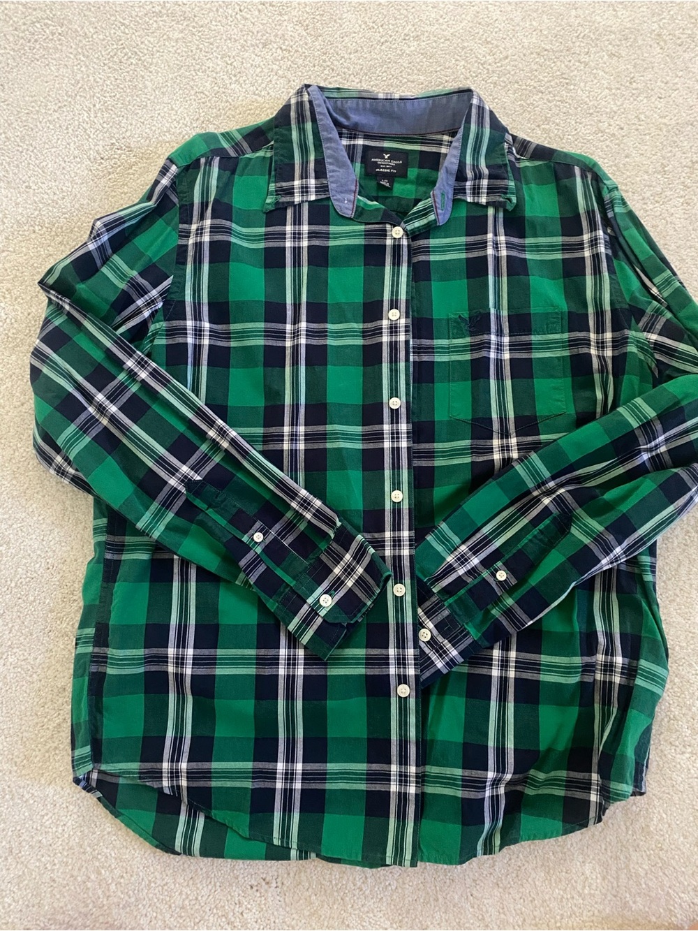 American Eagle Outfitters Green and Navy Plaid Button-Down Shirt
